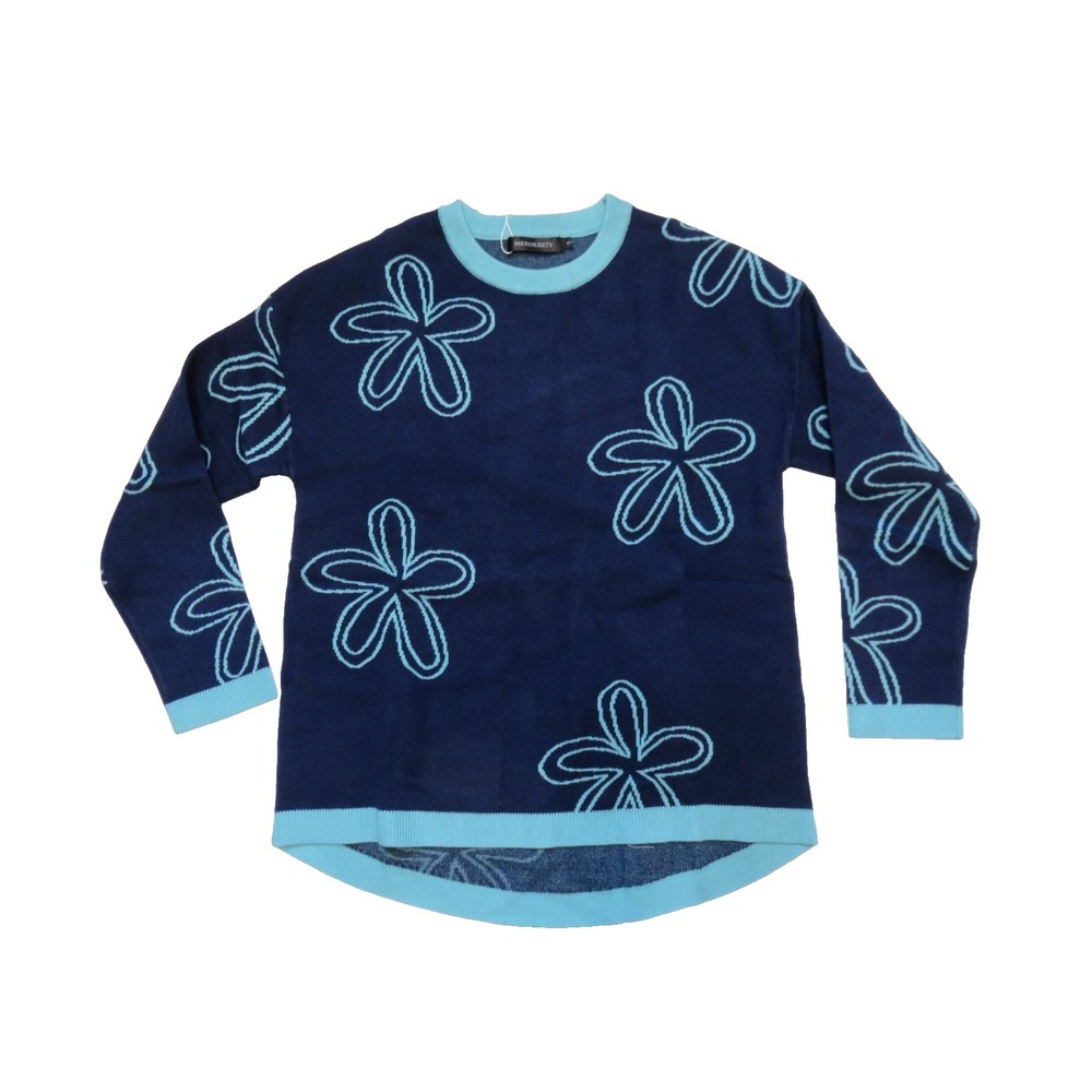 MEROKEETY Floral Crewneck Pullover Sweater Knit Top Navy Turquoise Size S NWT